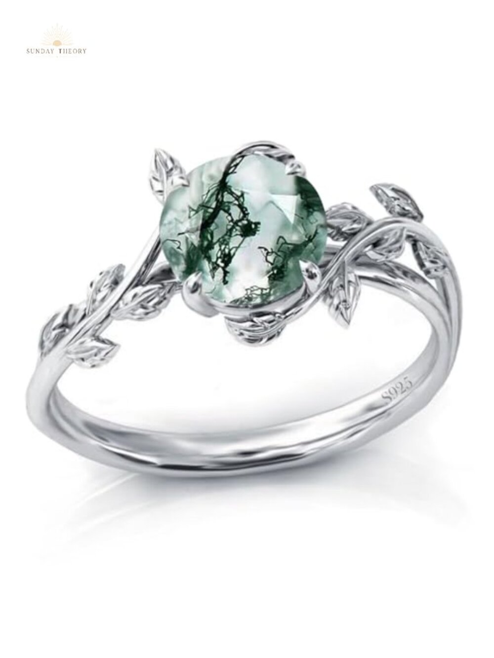 Sterling Silver Natural Moss Agate Ring for Women Engagement Promise Jewelry